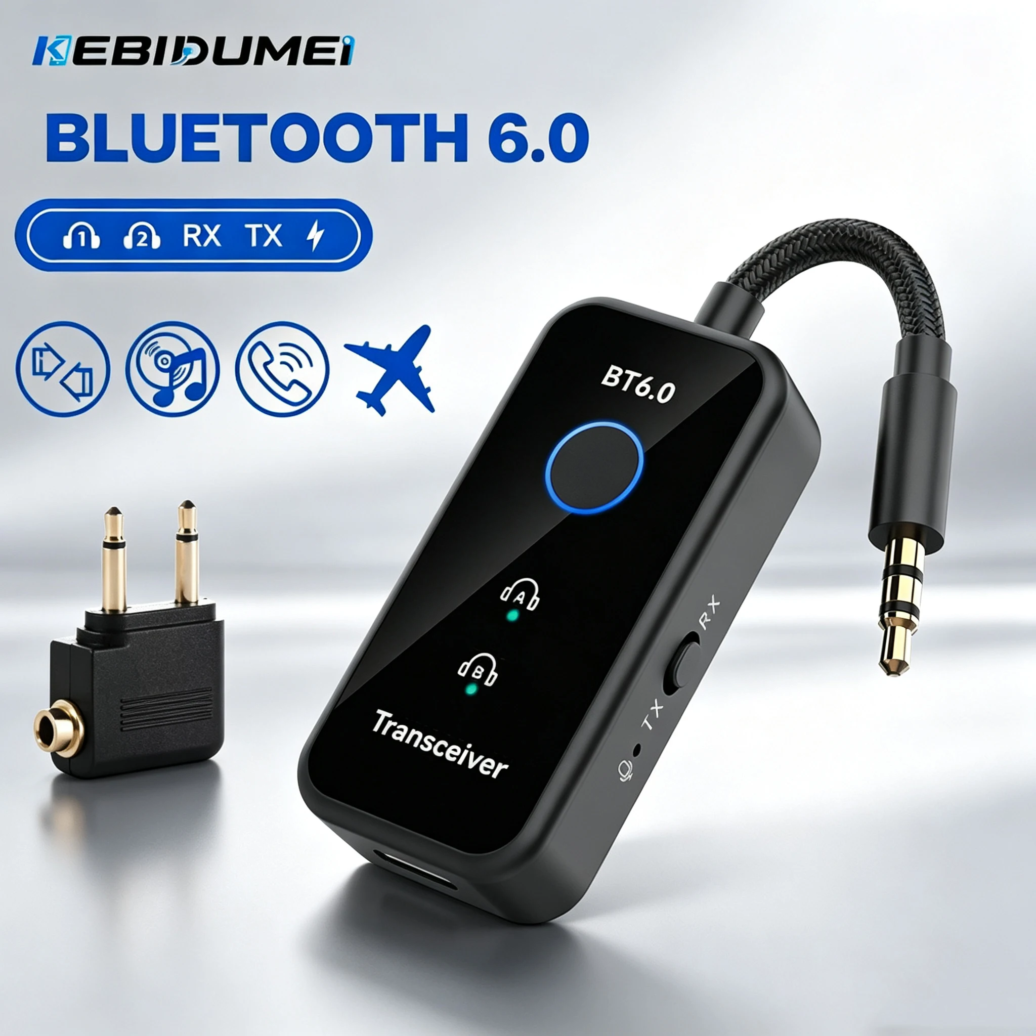 KEBIDUMEI Bluetooth 6.0 Audio Adapter Receiver Transmitter 2 in 1 Wireless Adapter 3.5mm AUX HiFi Stereo Sound For Car Airplane