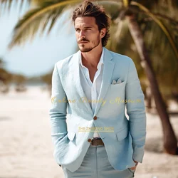 Men's sky blue linen 2-piece suit (jacket + trousers) | stylish summer dress for beach barbecues lawn picnics Groomsmen Tuxedos