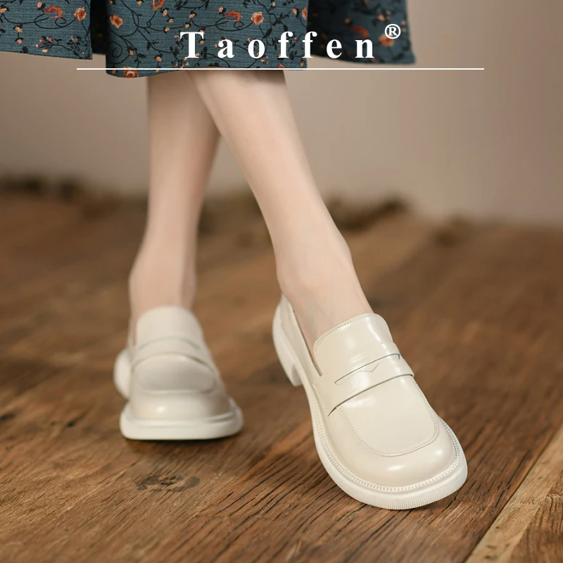 Taoffen New Casual Loafers For Women Genuine Leather Square Heel Solid Pumps Fashion Round Toe Slip-On Beige Office Lady Shoes