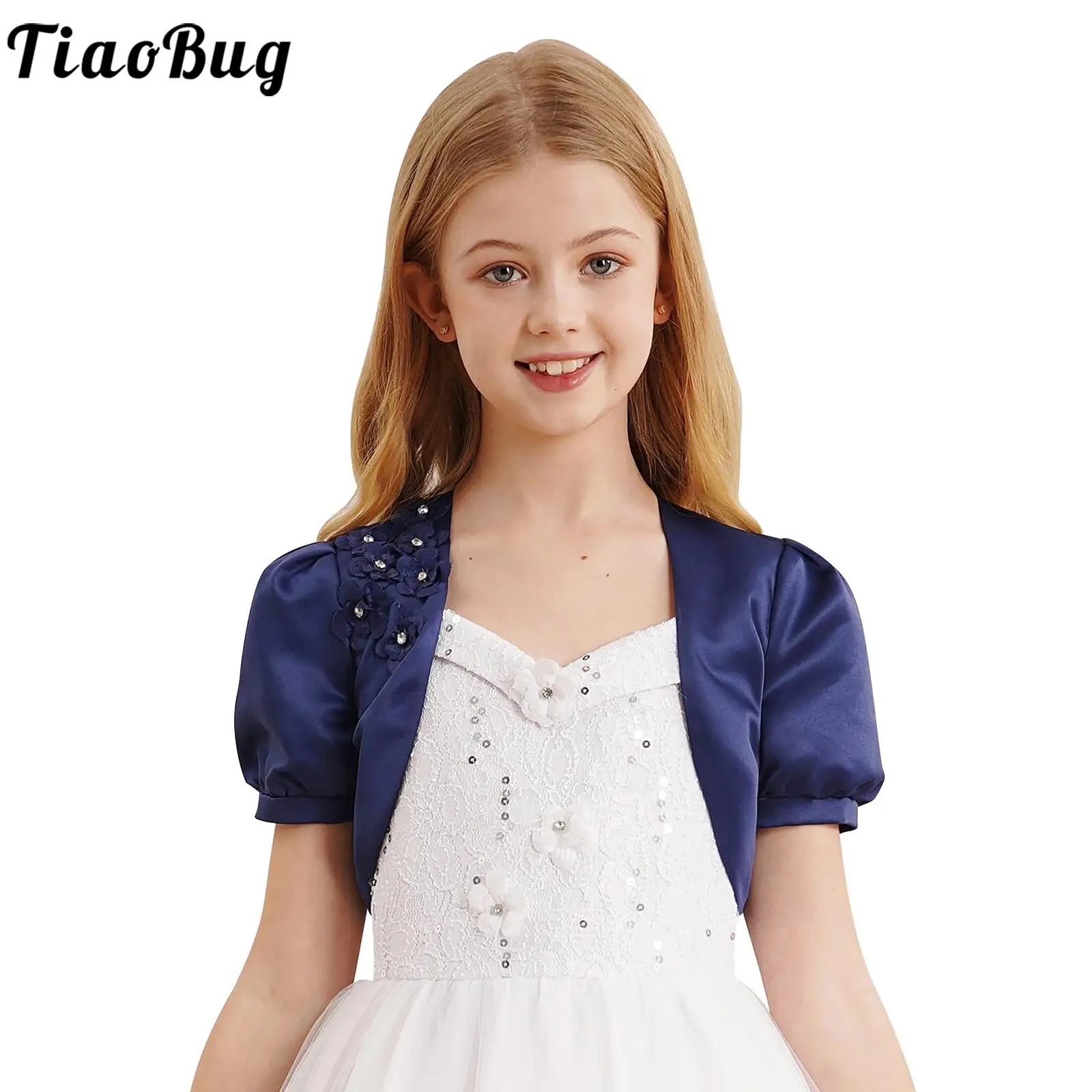 Kids Girls Flower Satin Bolero Jackets Coat Short Puff Sleeve Open Front Crop Cardigan Shrug Cape Wedding Party Dress Outwear