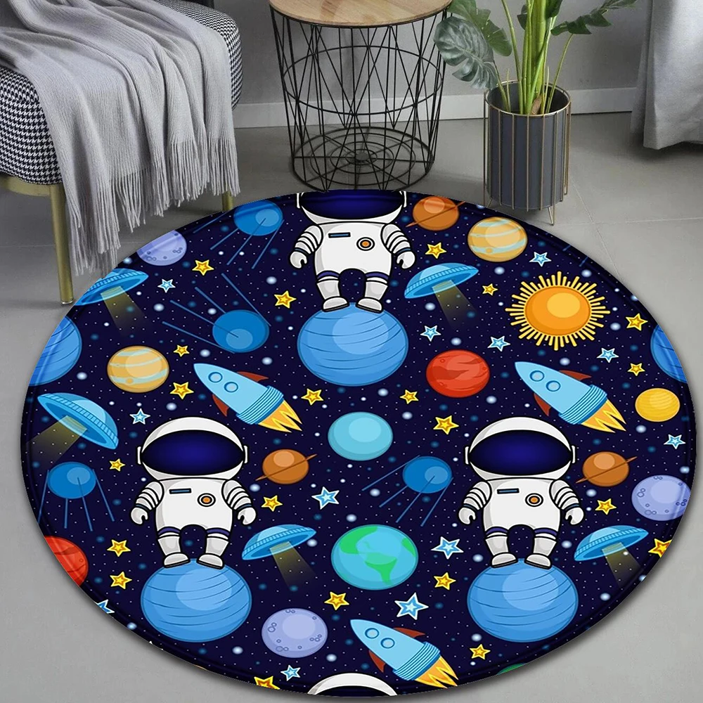 Astronaut Rocket Print Round Rug Cartoon Planet Rocket Print Floor Rug For Living Room And Bedroom Washable And Non Slip Mat