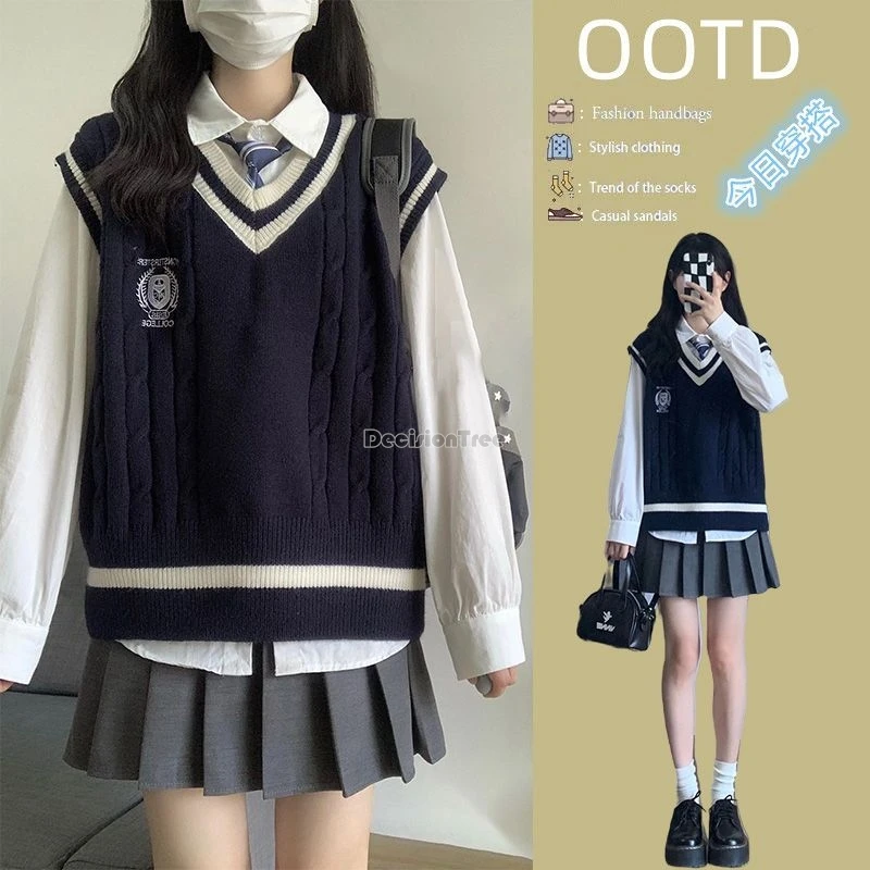 2025 korea college suit for women autumn new korean style campus style short knit vest polo collar shirt plaid skirt jk set b104