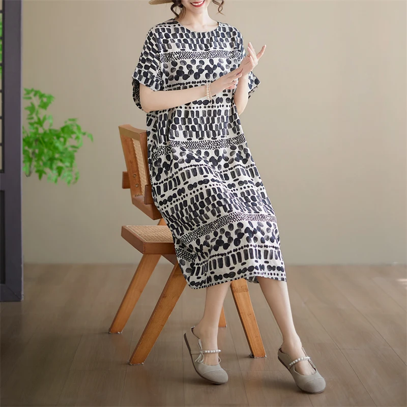 

Summer New Style Thin Cotton Twisted Artistic Women's Knee-Length Midi Dress round Neck Short Sleeve Lightweight Dress