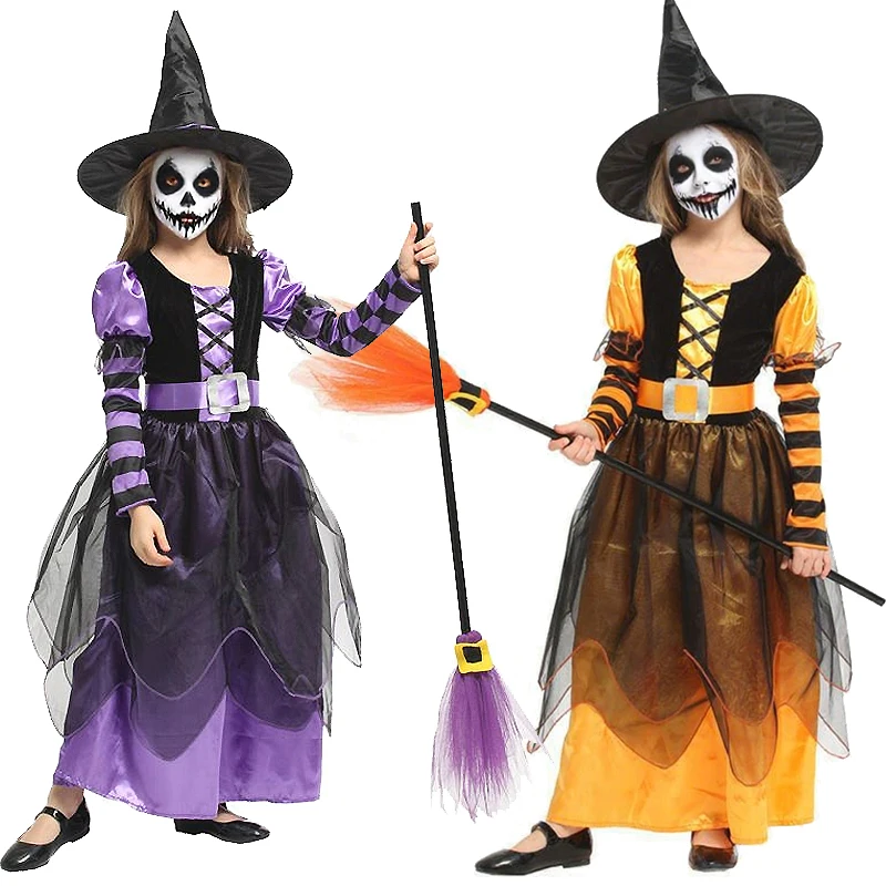 Costume da strega viola per bambini per Halloween Abito da mago da fata per ragazze Abiti da festa di carnevale Abito da vampiro