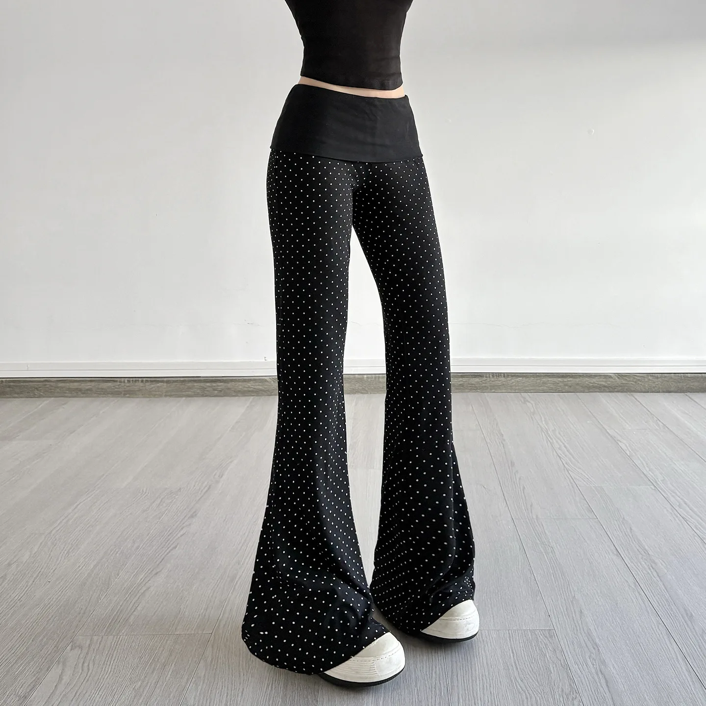 กางเกงขายาวทรงบานเอวต่ำ ลายจุด เนื้อผ้าถัก สไตล์ลำลอง แฟชั่นพรีเมียม ทรงเข้ารูป พิมพ์ลาย สำหรับผู้หญิง