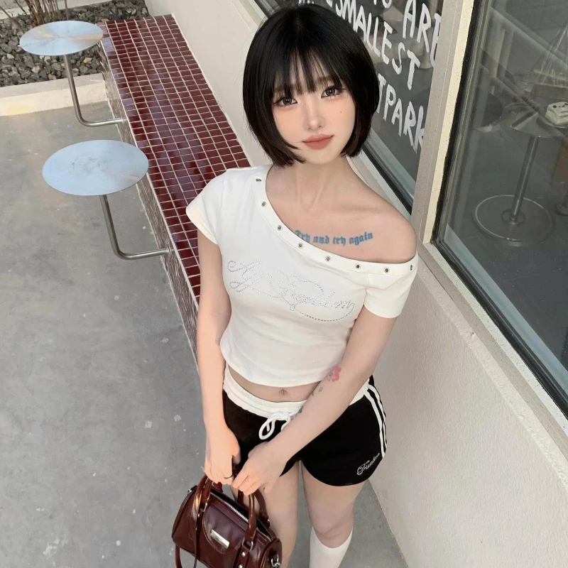 Hot Drilling Stereo Letter Dew Shoulder Short Sleeves T-shirt Women 2025 Summer Korean Style Tops Lady Leisure Slim Thin T-shirt