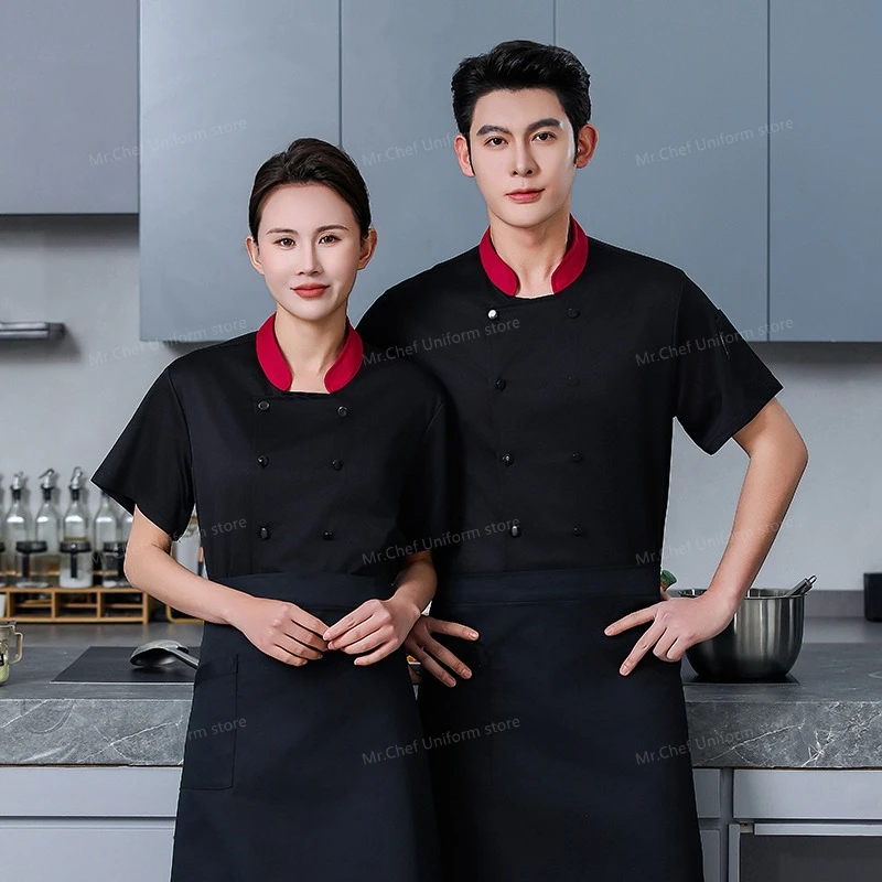 الرجال قصيرة الأكمام سترة الطاهي المطبخ العمل موحدة تنفس مطعم الشيف معطف المئزر الأبيض ملابس العمل الشيف السراويل الصيف