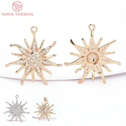 (8240) 2PCS 21x22.5MM 24K Gold Color Brass with Zircon Sun Flowers Pendants High Quality DIY Jewelry Making Findings Accessories
