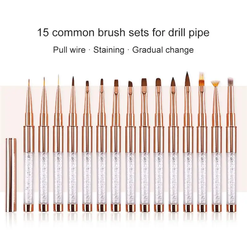 Crystal Drill Pipe Gold Nail Brush Gel Brush For Manicure Acrylic UV Gel Extension Pen For Nail Polish Painting Drawing Brush