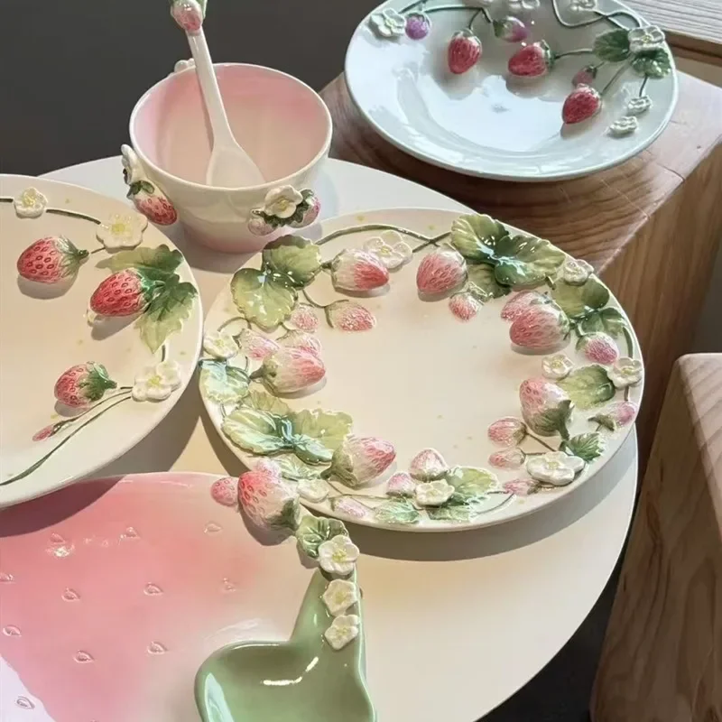 Strawberry series relief ceramic tableware rice bowl soup plate dumpling plate salad bowl
