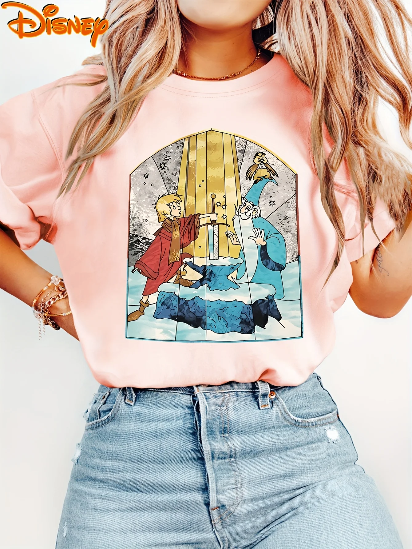 ديزني السيف في الحجر تي شيرت خمر المرأة القطن تي شيرت قصير الأكمام س الرقبة عادية العصرية المتضخم الملك آرثر ليجيندز