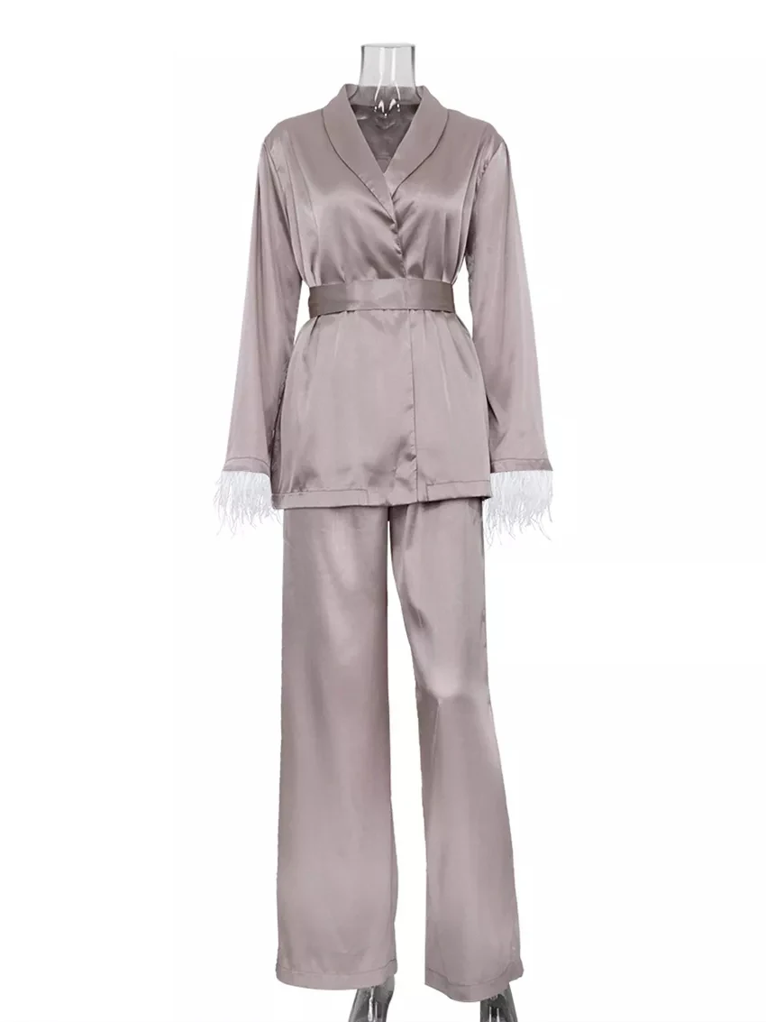 Satin Feather Pajamas for Women Spring Causal Loose Home Suit Luxury Sleepwear Long Sleeve Lace-Up Robes Two Piece Set Female