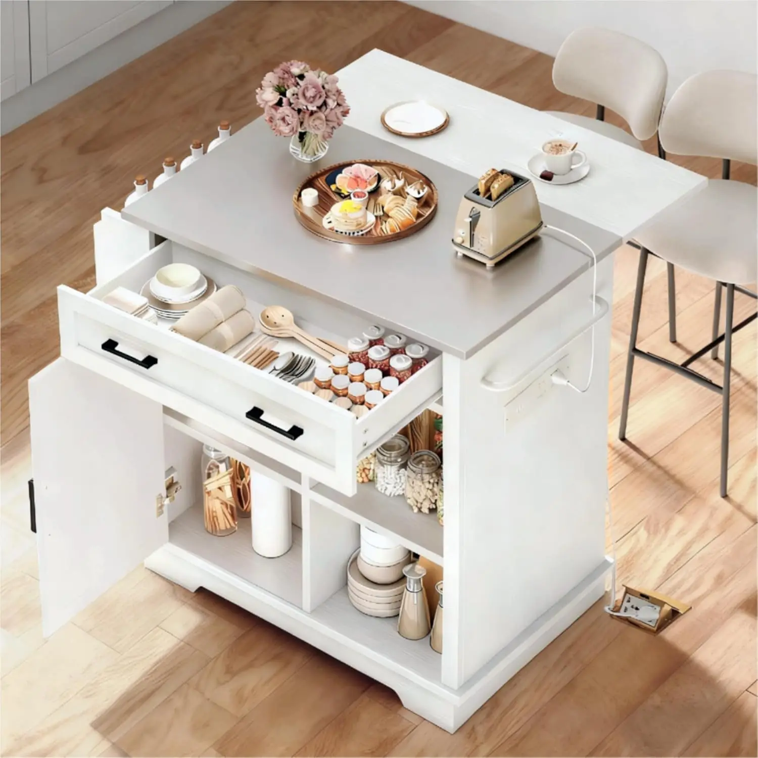 

Mobile Kitchen Island Cart with Stainless Steel Top, Adjustable Shelves, Drawers, and Power Outlets in White