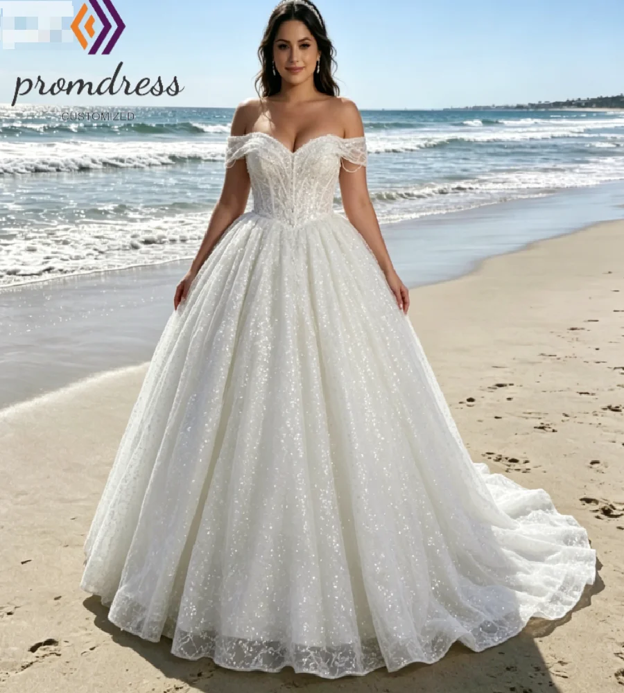 Off Shoulder Sparkly Plus Size Wedding Dress 2026 Curvy Women Sequin Ball Gown Beach Bridal Gowns Destination Beaded Country