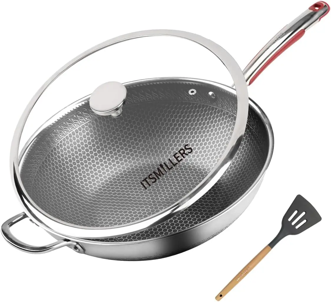 

13.5'' Tri-ply Stainless Steel Wok with Lid, PFOA-Free Nonstick Stir Fry Pan, Induction Compatible, Dishwasher & Oven Safe