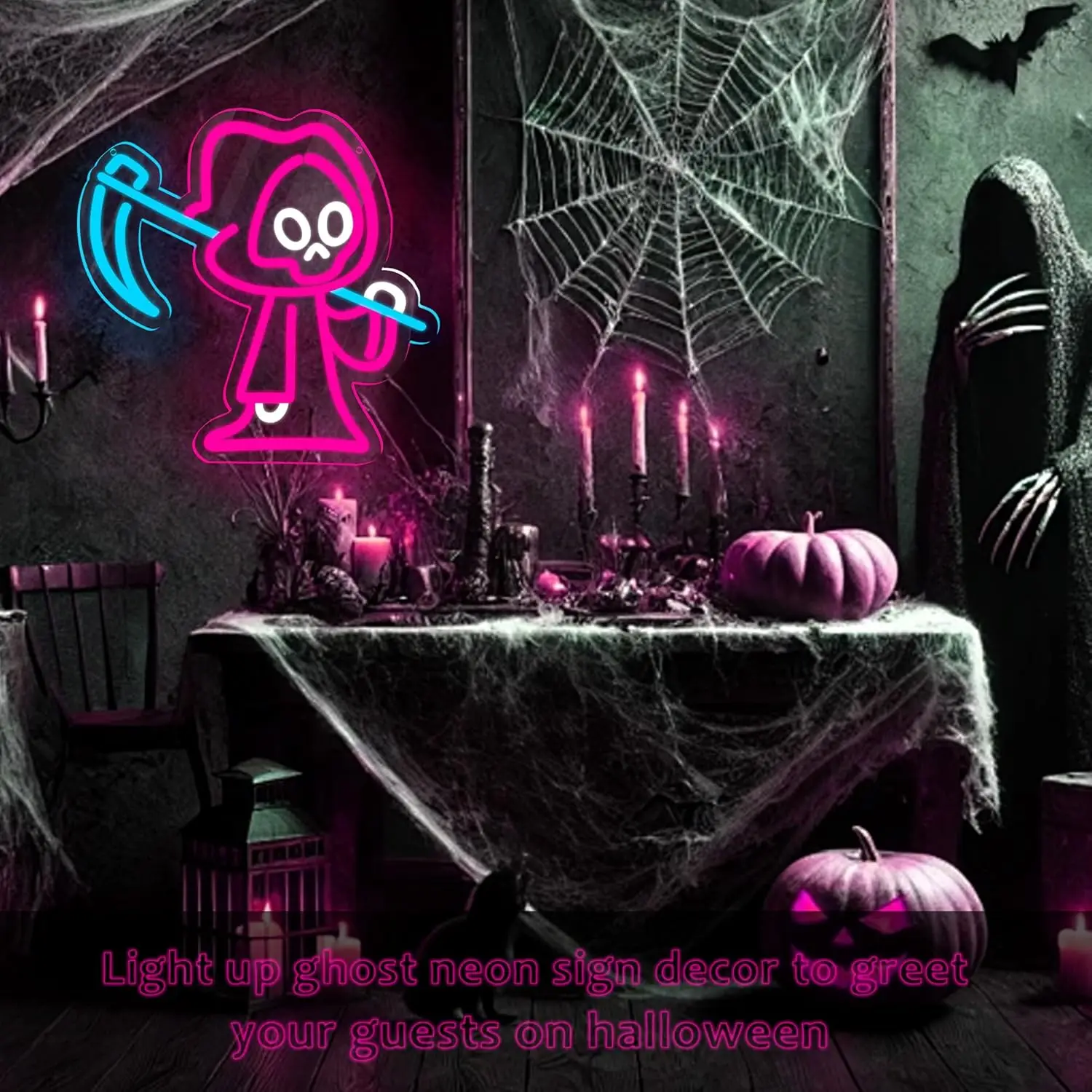 Ghost Neon Sign LED Ghost Shape Neon Light for Wall Decor Spooky Halloween Decoration Light up Sign for Bedroom Porch Front Door