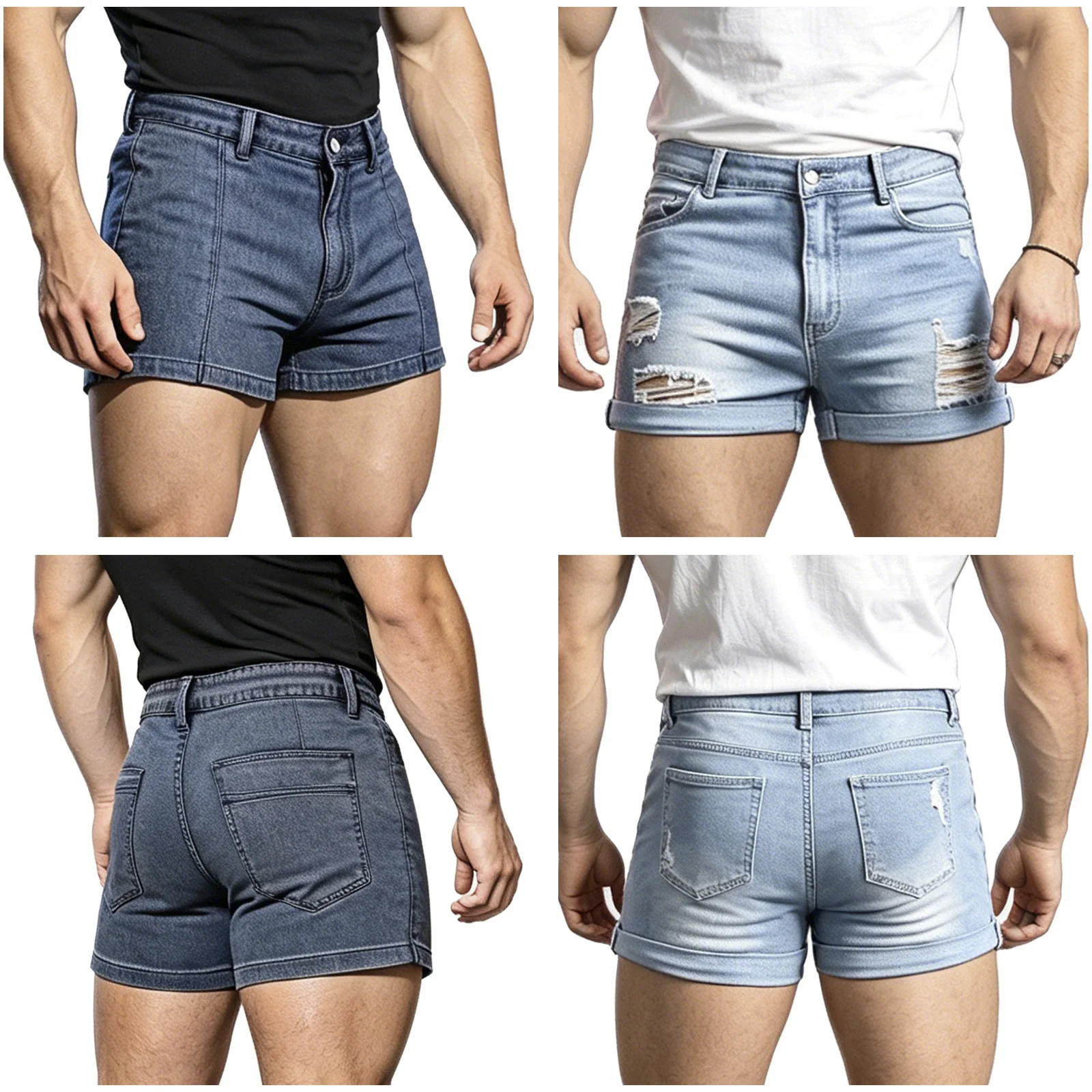

Male Mens Jean Shorts with Belt Loops and Button Pockets Stretchy Skinny Trendy Casual Mid Waist Hot Pants for Street Daily Wear