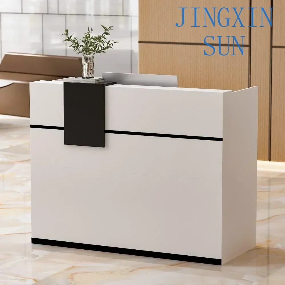 Modern reception desk counter, lockable drawers and 1 cabinet, wooden office computer, adjustable storage box