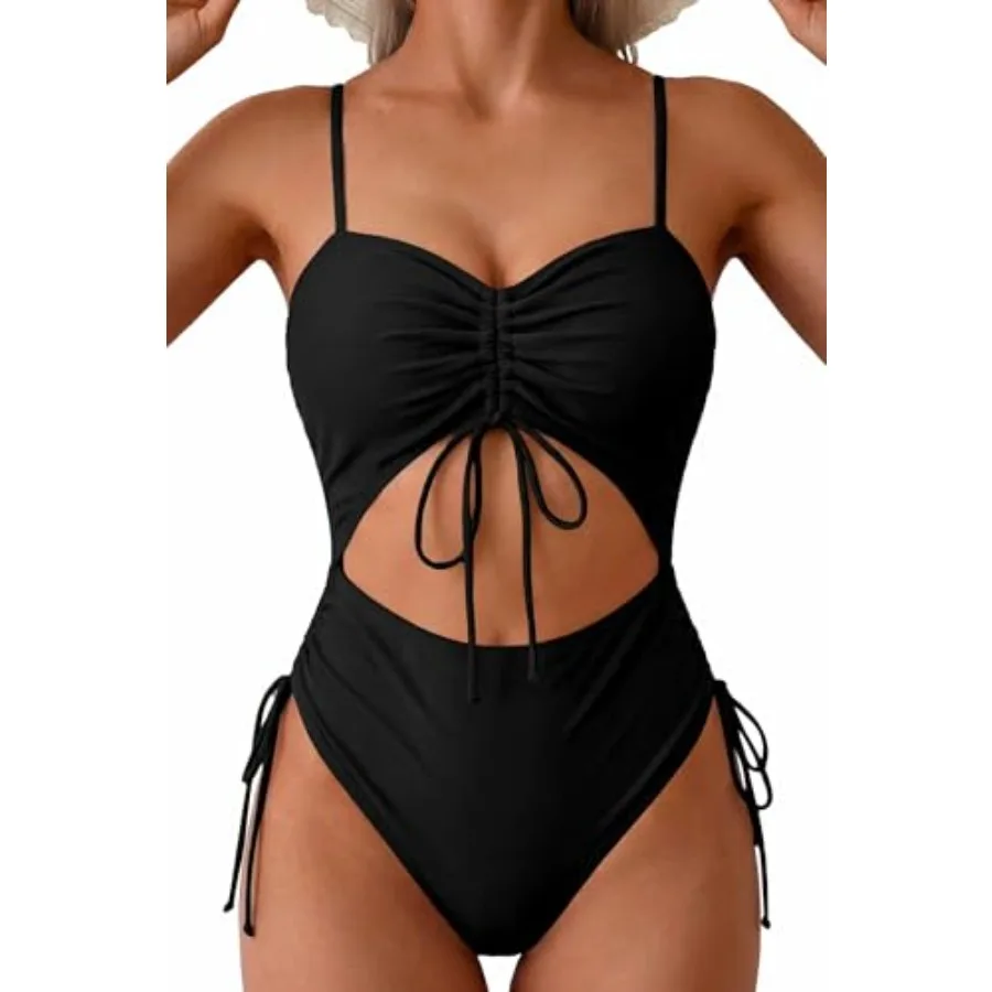 

Viottiset Women's Cut Out Drawstring One Pcs Swimsuit Cheeky High Cut Bathing Suit