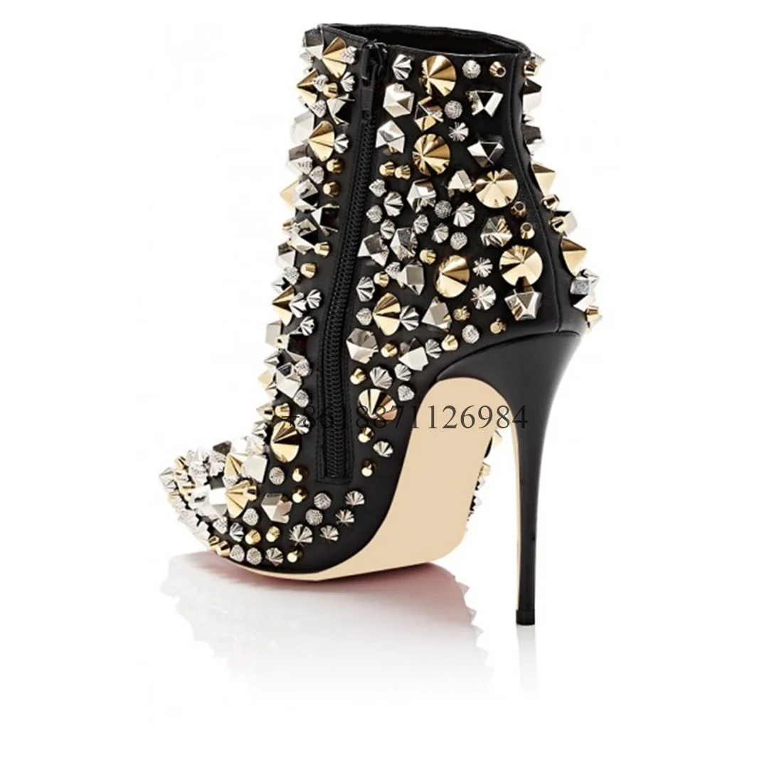 Bling Rhinestone Pointed Toe Ankle Women Boots With Rivet Metal Stiletto High Heels Side Zipper Design Large Size Shoes