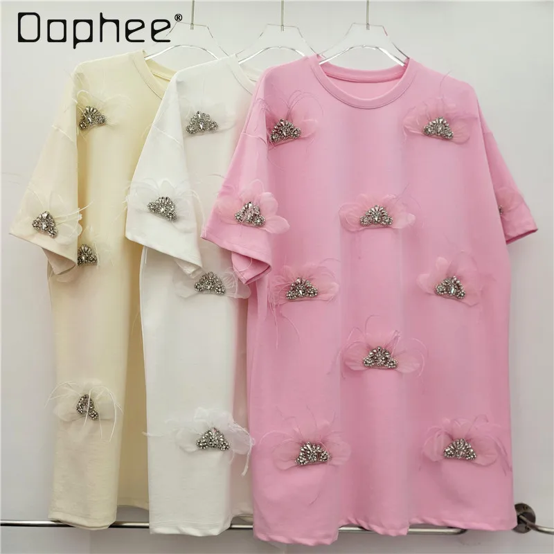 

2025 Summer New Fashion Heavy Industry Rhinestone 3d Flower Feather Short-sleeved T-shirt Women's Loose Crew Neck Pink Top