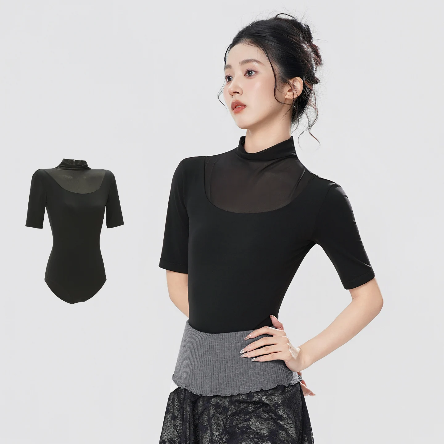 Body da balletto con colletto alla coreana da donna Body da ginnastica per adulti a mezza manica Body da ballo Body con giunture in rete ad alta elasticità