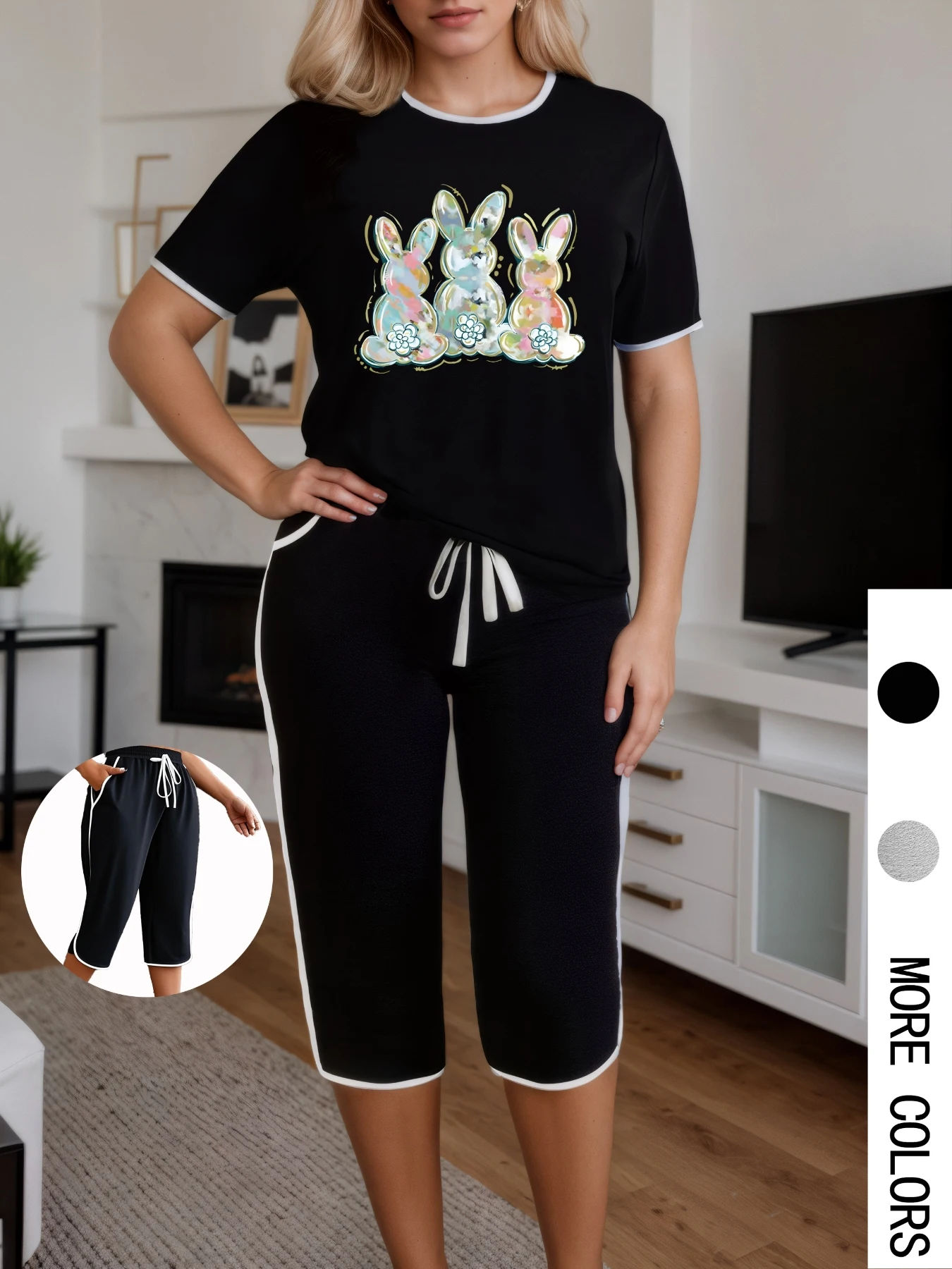 

Plus Size Women Two Piece Set Rabbit Print Short Sleeve T-shirt Capri Pants Summer Suits Oversize Ladies 2 Piece Outfits
