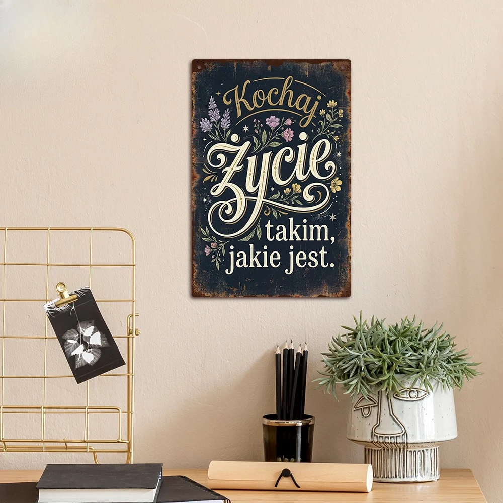 1pc 7.9*11.8In Metal Sign Polish Vintage Metal Aluminum Sign, Kochaj Życie Takim, Jakie, Wall Art Decor Home Decor Room Decor