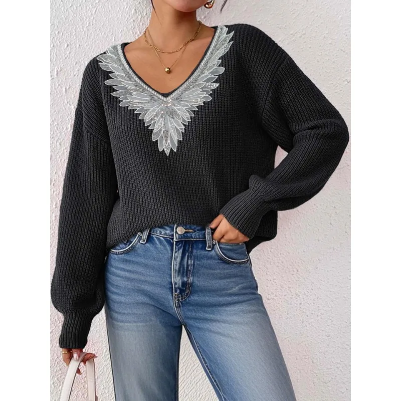 الدانتيل الترتر طوق تقسم الخامس الرقبة البلوز الأعلى المرأة فضفاضة كسول نمط سترة بأكمام طويلة