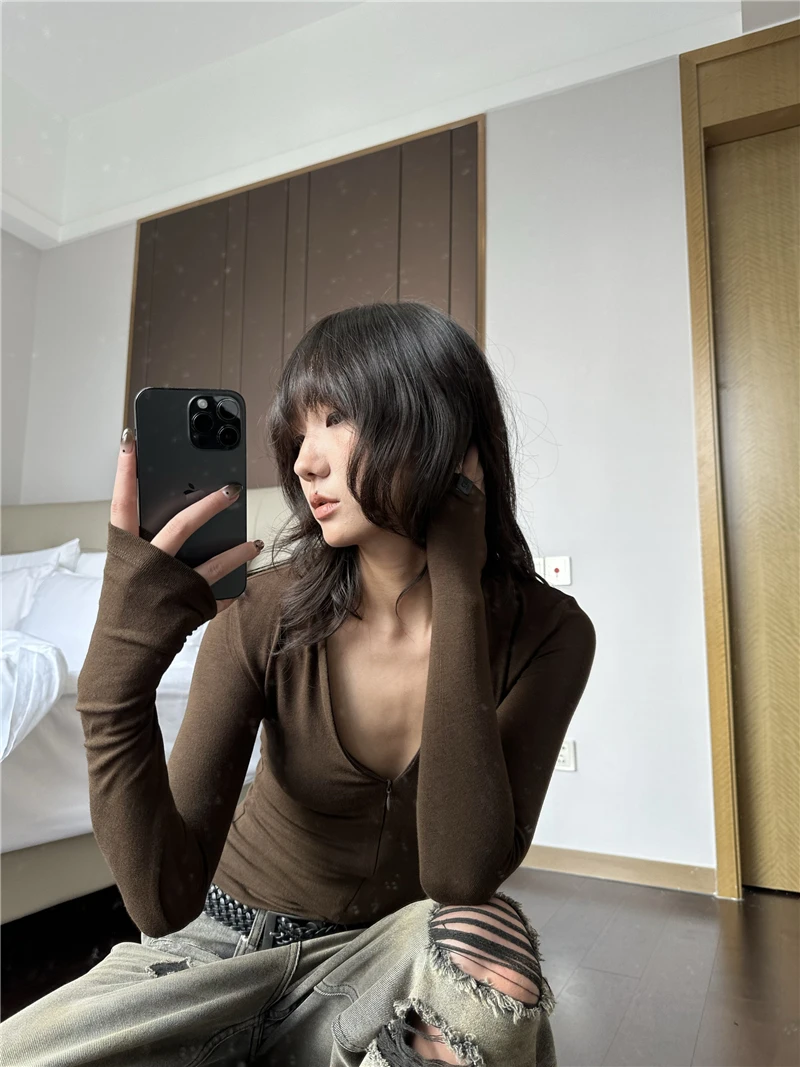CHEERART  Fall 2026 Zipper Up Brown Long Sleeve Knit Top For Woman V Neck Slim Fit T Shirt Ladies Top Autumn Designer Clothing - view 6