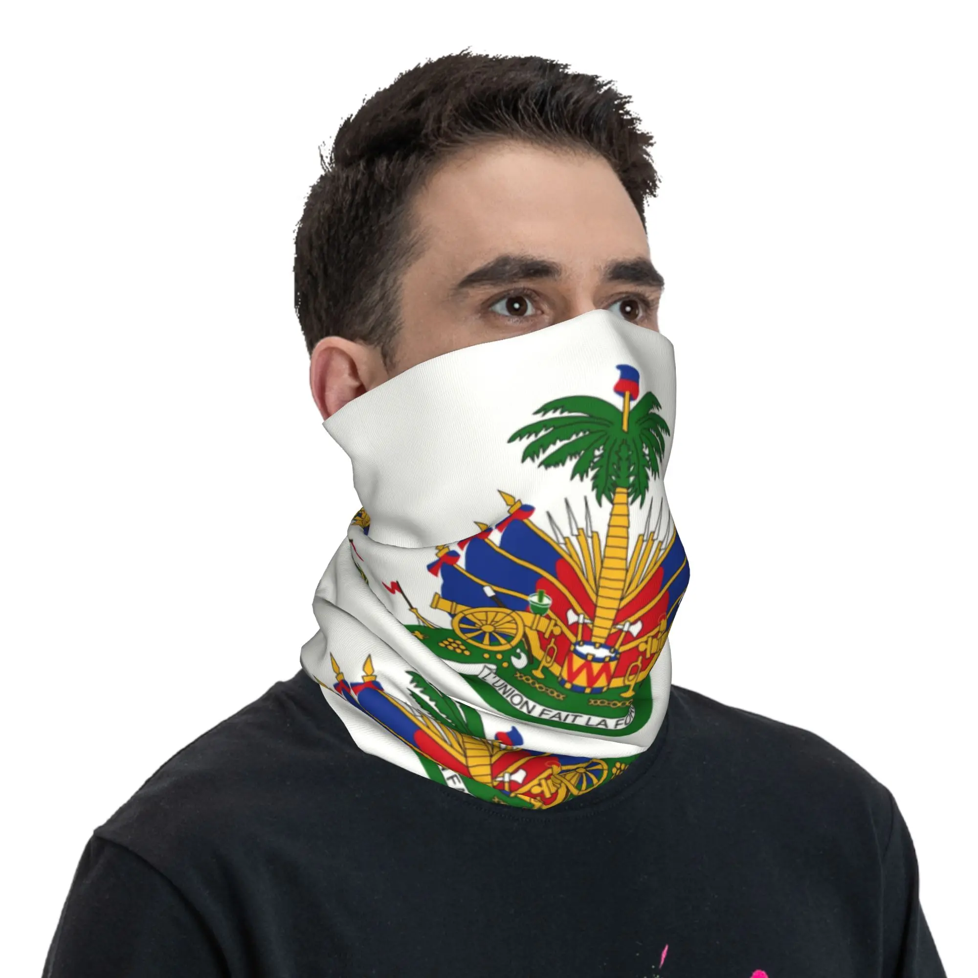 Custom Haiti Coat of Arms Neck Gaiter Women Men UV Face Shield Winter Haitian Proud Bandana Scarf for Hiking view 5