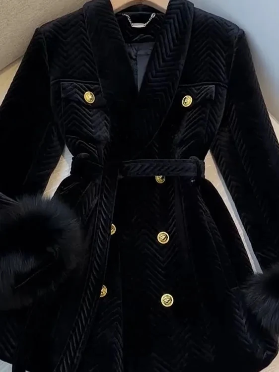 Bla Velvet Belted Midi Coat Damen Faion Unique Sli Cotton Windbreaker Jaet Korean Sle Long Sve Thiened