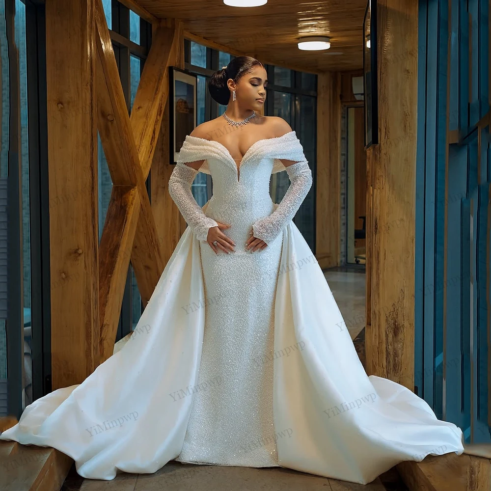 

Luxury Detachable 2 In 1Train Wedding Dress Lace Sequins V Neck customiz Full Sleeve Vintage Bride Gown Mermaid Vestido De Novia