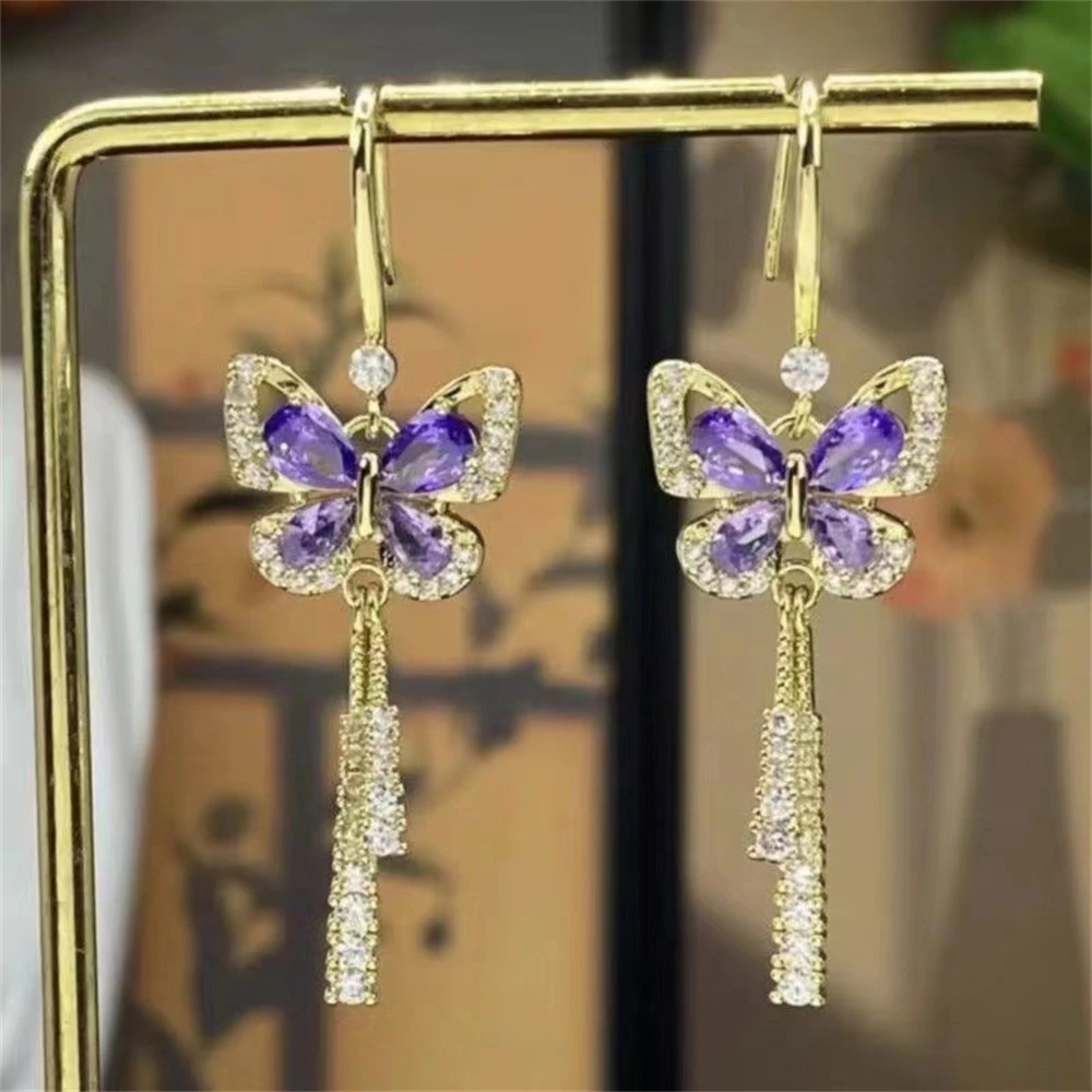 New Lnlaid Zircon Purple Crystal Pearl Silver Colour Butterfly Earrings Women Fashion Earrings Jewelry Party Gift