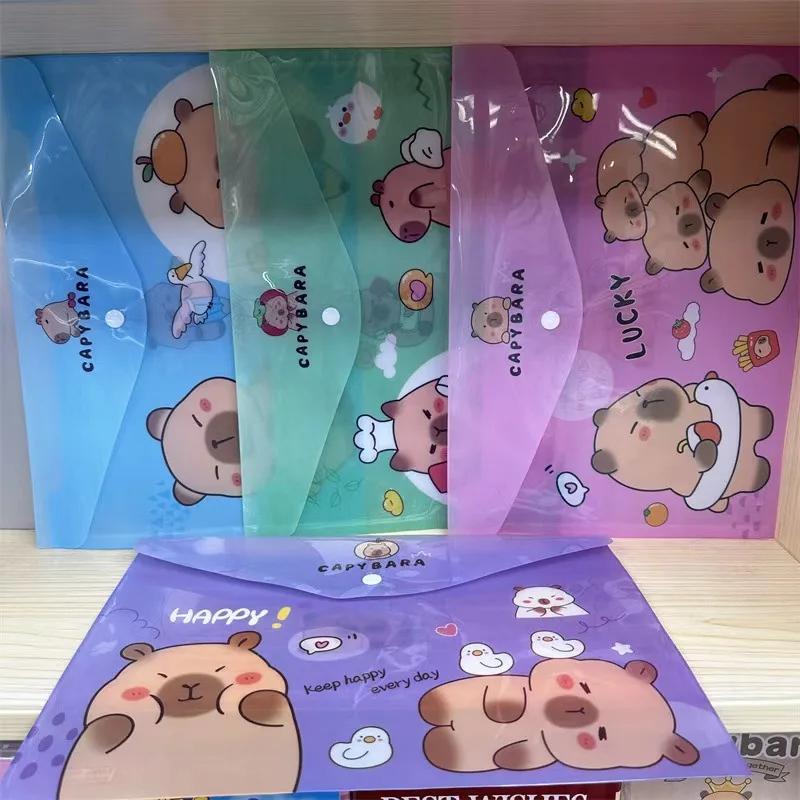 4 Stuks Nieuwe A4 Capybara Cartoon Bestand Zak Map Plastic Enveloppen Duidelijke Bestandsmappen Document Organisatoren Met Drukknoop gif