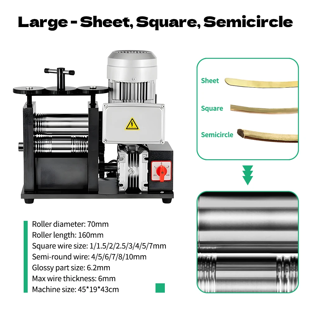 750W Electric Jewelry Rolling Mill Large Jewelry Making Machine for Gold Silver Metal Processing Jewelry Sheet Wire Semicircle Pressing Machine 160mm 1HP 3-in-1 Jewelry Metal Rolling Mills Machine