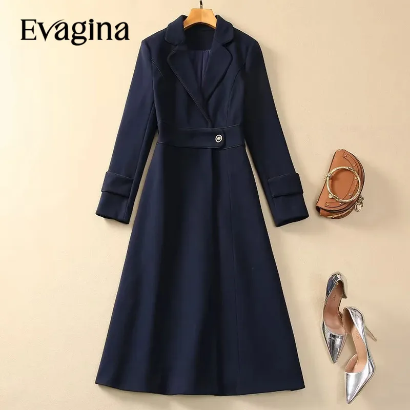 

Evagina New Fashion Runway Designer Women's Lapel Long Sleeve One Button Retro Temperament Navy Blue Woolen Overcoat