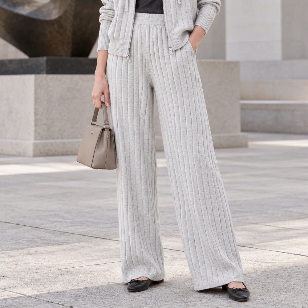 MZ62114 Classic Wide Ribbed Knit Wide Leg Pants Women's High Waist Elastic Soft Modal Blend Side Pockets Autumn Winter Trousers