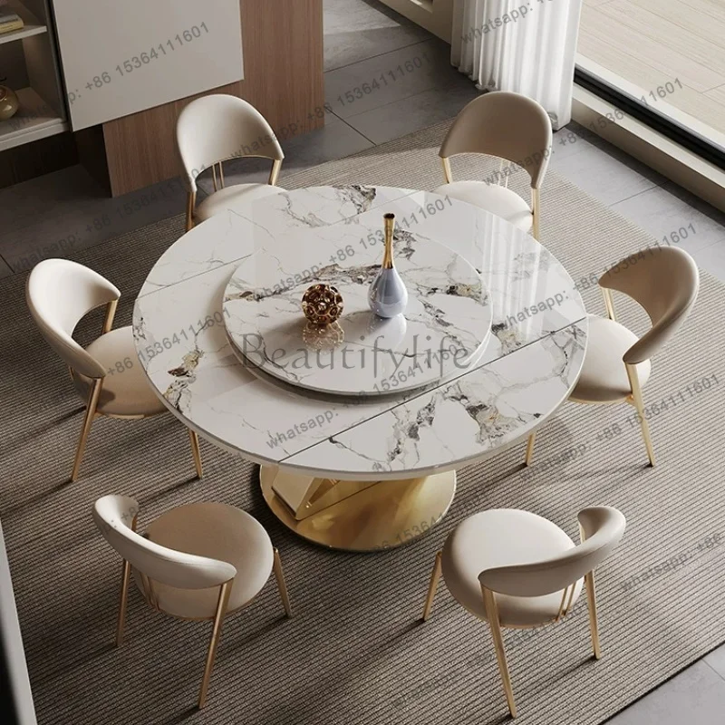 FG Modern Simple Folding Retractable Round Dining Table Light Luxury Household Rock Slab Dining Tables And Sets Combination Plia