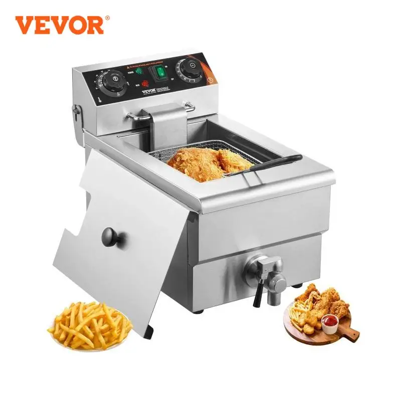 VEVOR Commercial Deep Fryer Electric Countertop Fryer with Basket 11.6Qt Stainless Steel Single Oil Fryer w/Time & Temp Control