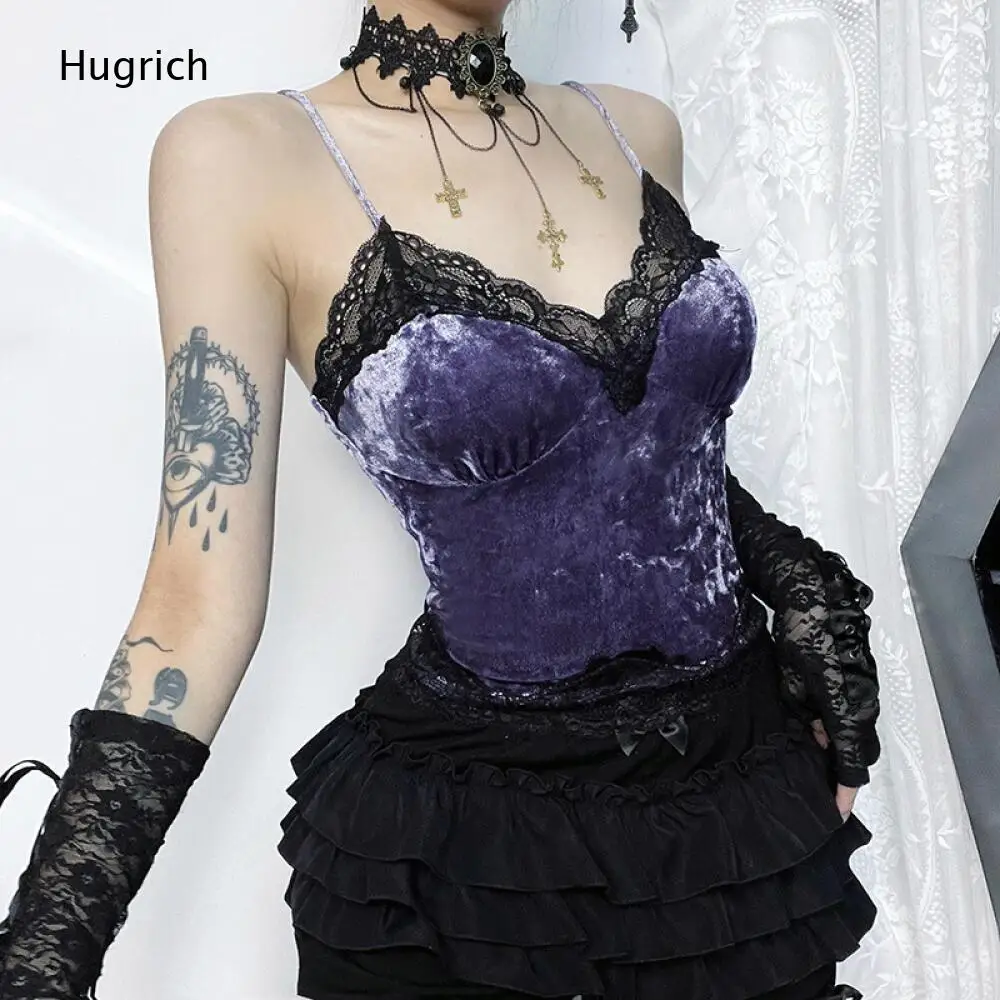 Soft Velvet Gothic Spaghetti Strap Top Black Lace Fringe V Neck Decor Slim Cinched Waist Purple Casual Sleeveless Camisole