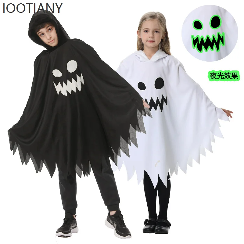 

IOOTIANY Halloween Children's Cosplay Costumes Boys And Girls White And Black Luminous Ghost Face Cape Party Dress Up Costumes