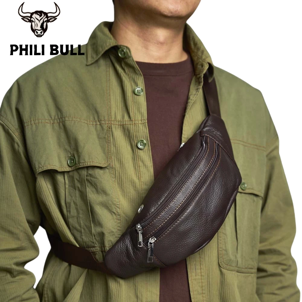 PHILI BULL Genuine Leather Men's Chest Bag Messenger Bag Shoulder Bag Casual First Layer Cowhide Waist Bag Trendy Men's Bag