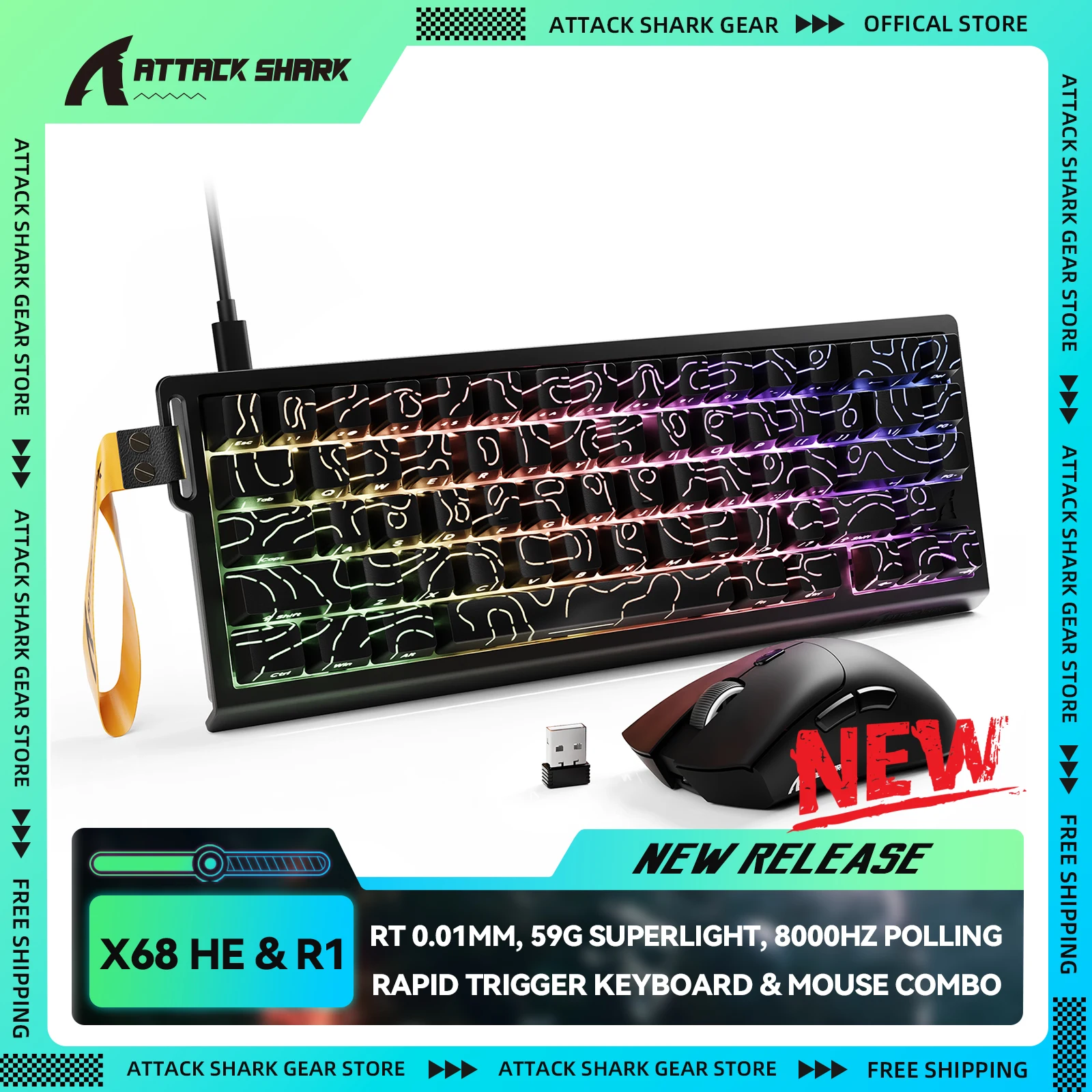 

ATTACK SHARK X68 HE & R1 Rapid Trigger Gaming Keyboard & Mouse Combo, Wired 8000Hz RGB Keyboard, Wireless 59g Superlight Mouse