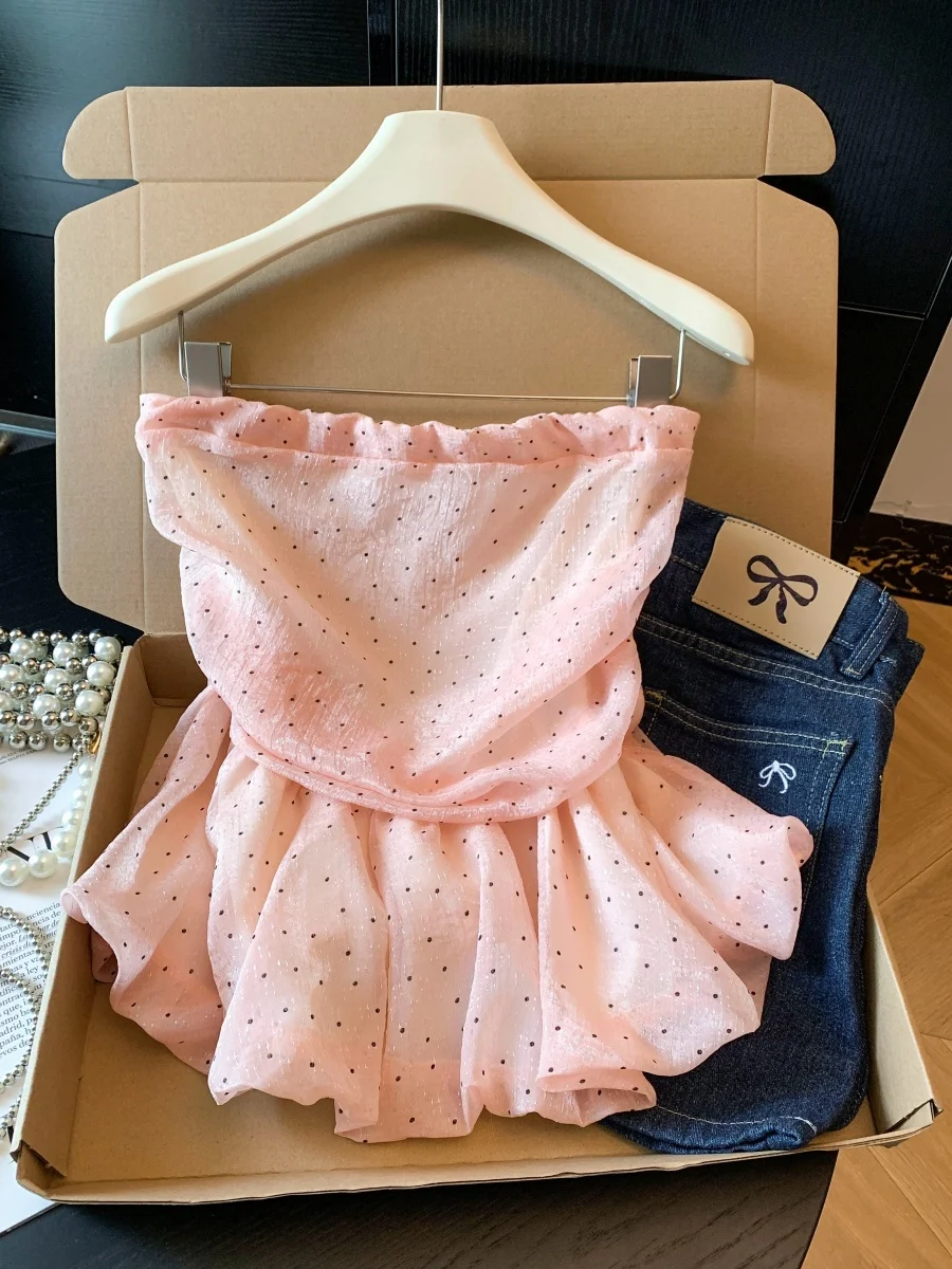 

Pink Polka Dot Strapless Chiffon Top Women's Summer New Design Sensation Lace Trim Flower Bud Sleeveless Thin Small Shirt