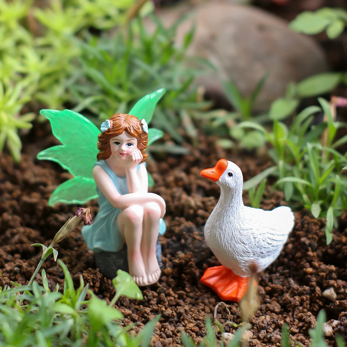 2 Seated Fairies and Geese, Creative Outdoor Garden Bonsai Decoration Ornaments, Fairy Tale World Scene Decoration Accessories