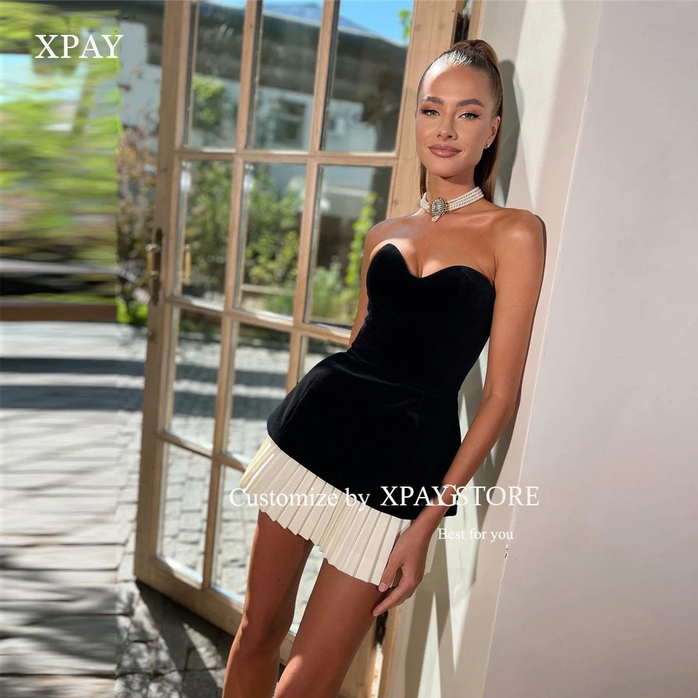 

XPAY Sexy Black And White Velvet Short Prom Party Dresses Sweetheart A Line Mini Cocktail Dress Formal Evening Event Gowns