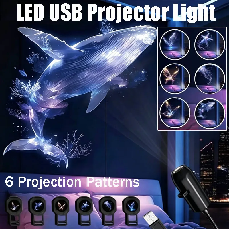 LED USB Projection Night Light 6 Patterns: Whale Butterfly Jellyfish Starfish for Room/Ceiling/Window/Wall Decor Perfect Gift