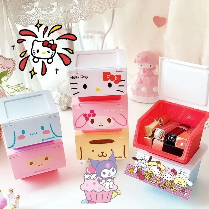 Sanrio Hello Kitty boîte de rangement de bureau filles mignon bureau couvercle rabattable boîte empilable Kuromi dessin animé Mini cosmétique mallette de rangement à domicile