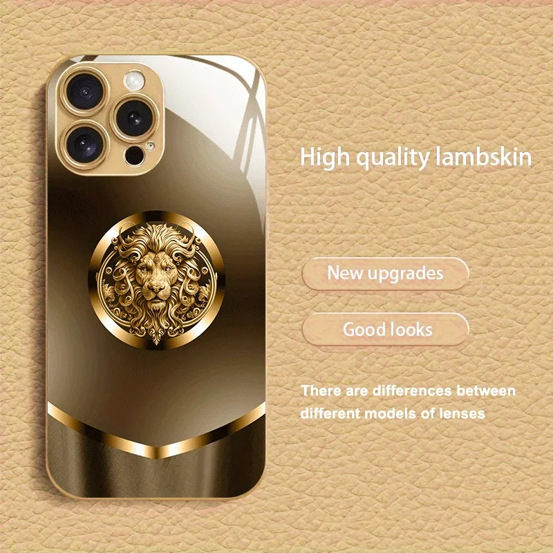 Simple Golden Lion Pattern Gold Metallic Paint Glass Phone Case For iPhone 17 16 15 14 13 12 11 Pro Max 14 Plus 17 Air 16E Cover